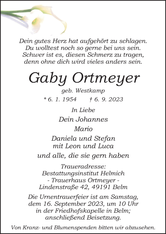 Traueranzeige von Gaby Ortmeyer von Neue Osnabrücker Zeitung GmbH & Co. KG