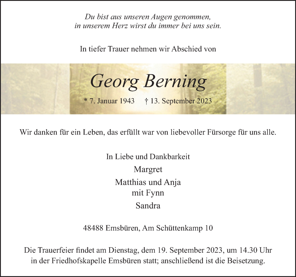  Traueranzeige für Georg Berning vom 16.09.2023 aus Neue Osnabrücker Zeitung GmbH & Co. KG