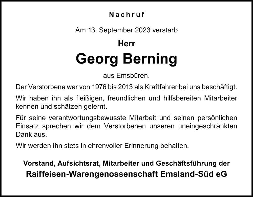  Traueranzeige für Georg Berning vom 19.09.2023 aus Neue Osnabrücker Zeitung GmbH & Co. KG