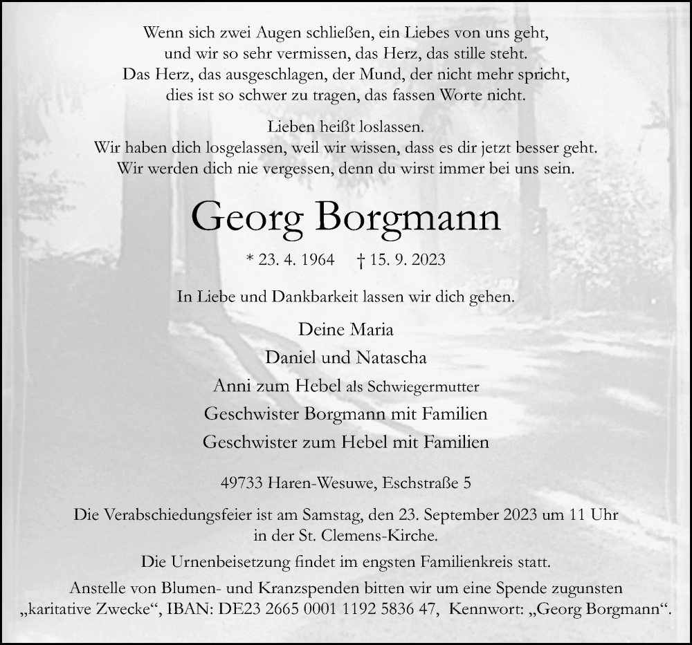  Traueranzeige für Georg Borgmann vom 19.09.2023 aus Neue Osnabrücker Zeitung GmbH & Co. KG