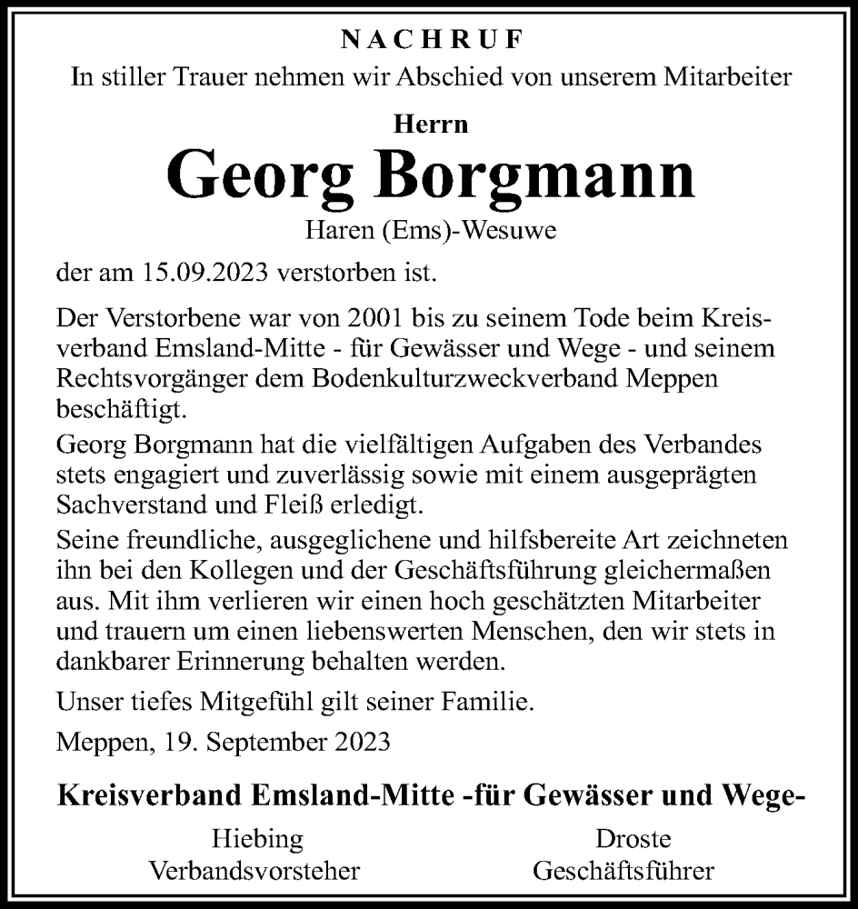  Traueranzeige für Georg Borgmann vom 20.09.2023 aus Neue Osnabrücker Zeitung GmbH & Co. KG