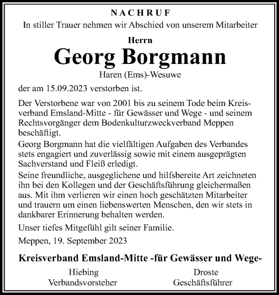 Traueranzeige von Georg Borgmann von Neue Osnabrücker Zeitung GmbH & Co. KG