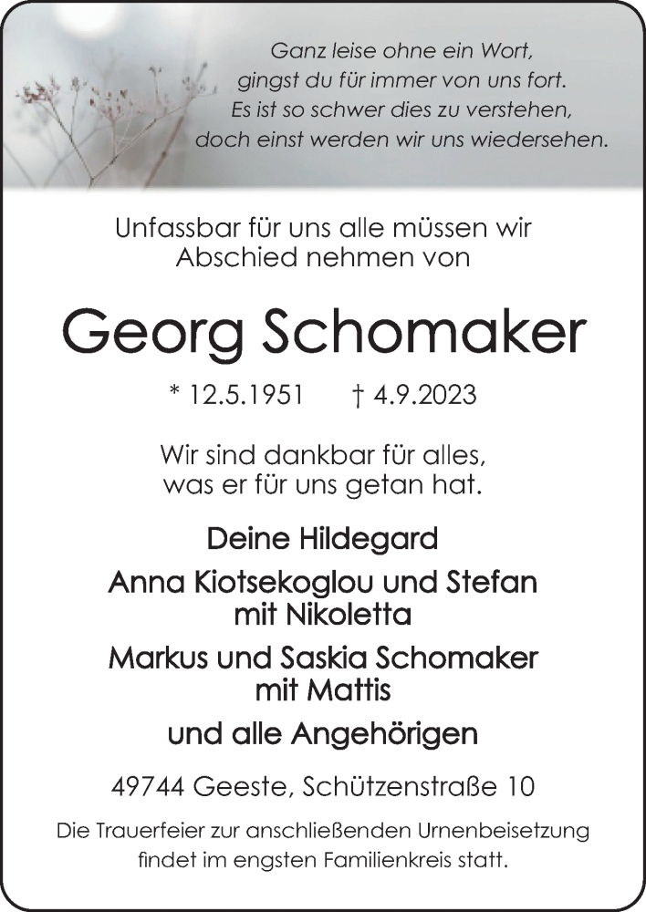  Traueranzeige für Georg Schomaker vom 08.09.2023 aus Neue Osnabrücker Zeitung GmbH & Co. KG