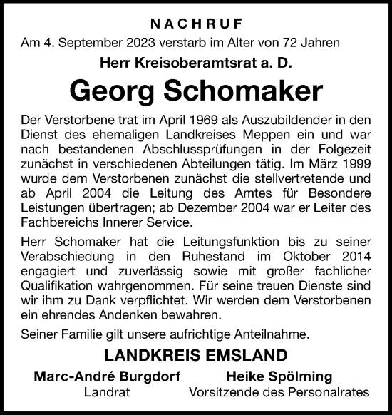 Traueranzeige von Georg Schomaker von Neue Osnabrücker Zeitung GmbH & Co. KG