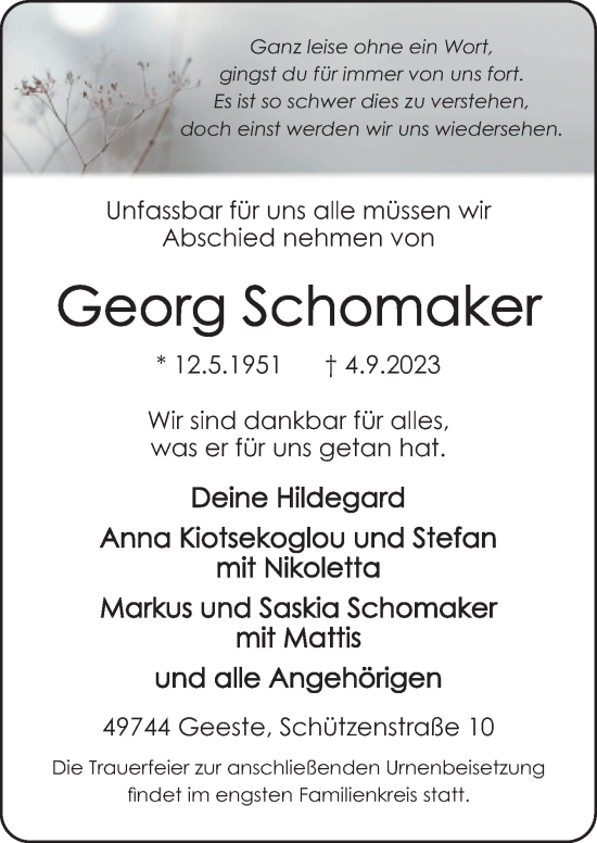 Traueranzeige von Georg Schomaker von Neue Osnabrücker Zeitung GmbH & Co. KG