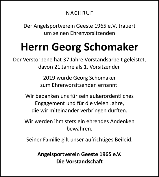 Traueranzeige von Georg Schomaker von Neue Osnabrücker Zeitung GmbH & Co. KG