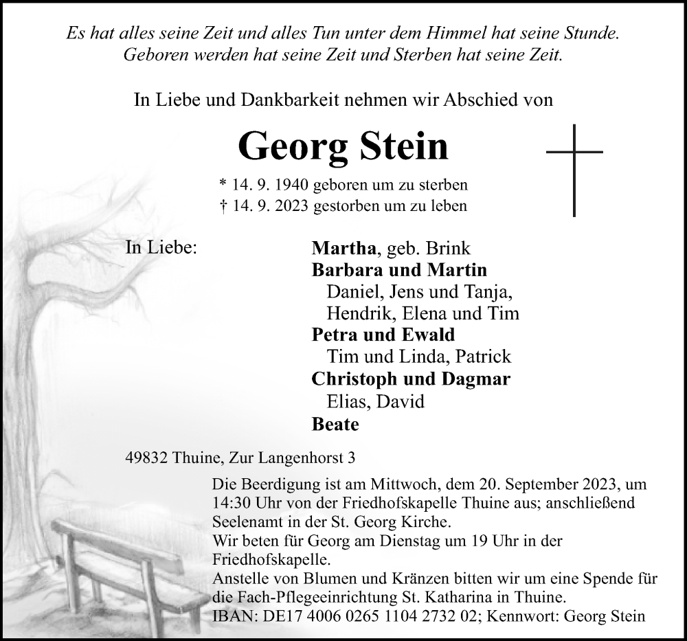  Traueranzeige für Georg Stein vom 16.09.2023 aus Neue Osnabrücker Zeitung GmbH & Co. KG