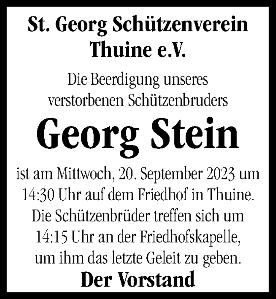  Traueranzeige für Georg Stein vom 19.09.2023 aus Neue Osnabrücker Zeitung GmbH & Co. KG