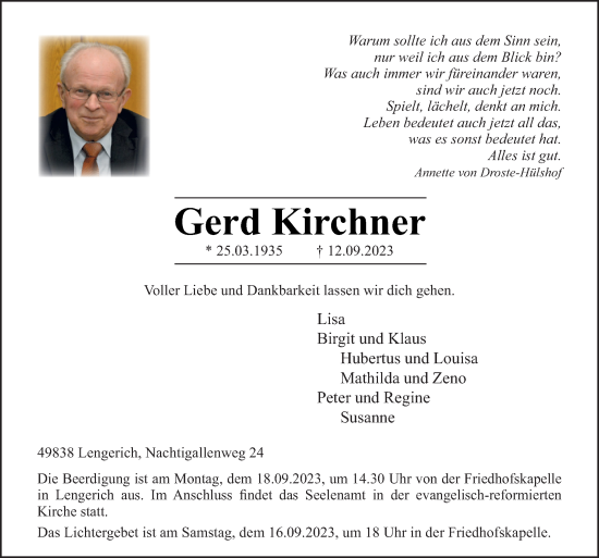 Traueranzeige von Gerd Kirchner von Neue Osnabrücker Zeitung GmbH & Co. KG