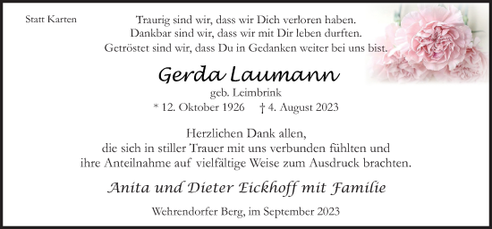 Traueranzeige von Gerda Laumann von Neue Osnabrücker Zeitung GmbH & Co. KG