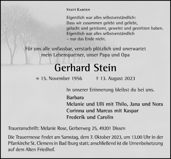 Traueranzeige von Gerhard Stein von Neue Osnabrücker Zeitung GmbH & Co. KG