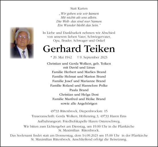 Traueranzeige von Gerhard Teiken von Neue Osnabrücker Zeitung GmbH & Co. KG