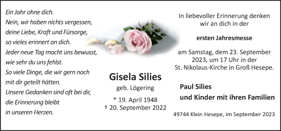 Traueranzeige von Gisela Silies von Neue Osnabrücker Zeitung GmbH & Co. KG