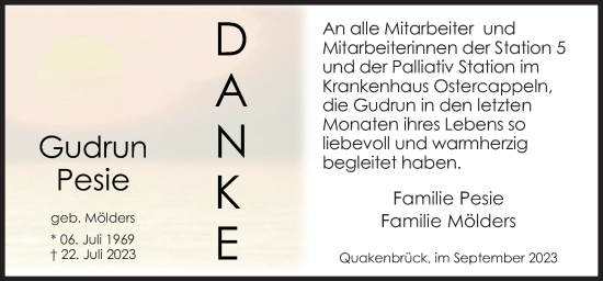 Traueranzeige von Gudrun Pesie von Neue Osnabrücker Zeitung GmbH & Co. KG
