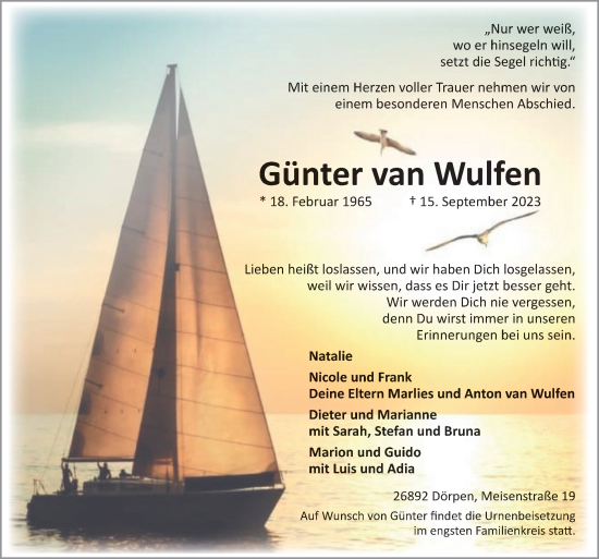 Traueranzeige von Günter van Wulfen von Neue Osnabrücker Zeitung GmbH & Co. KG