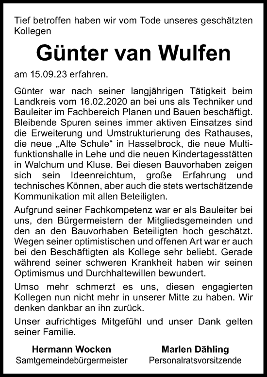 Traueranzeige von Günter van Wulfen von Neue Osnabrücker Zeitung GmbH & Co. KG