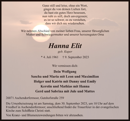 Traueranzeige von Hanna Elit von Neue Osnabrücker Zeitung GmbH & Co. KG