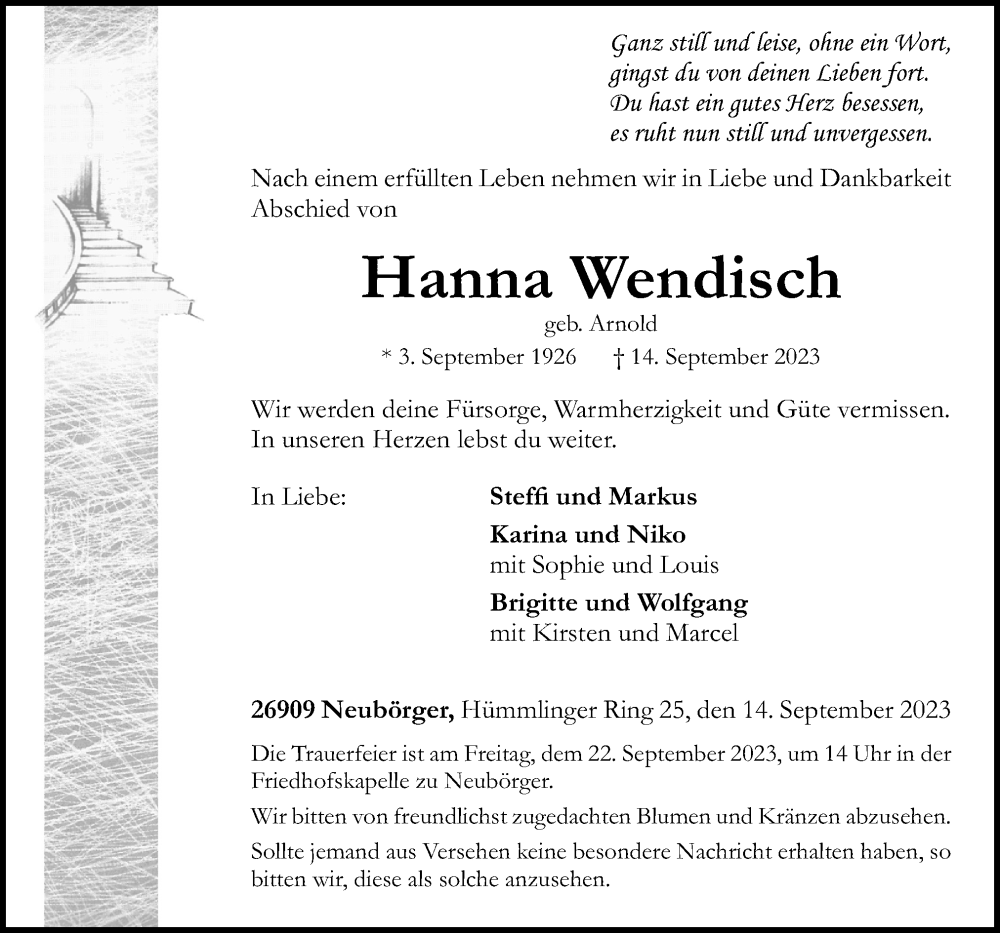  Traueranzeige für Hanna Wendisch vom 18.09.2023 aus Neue Osnabrücker Zeitung GmbH & Co. KG