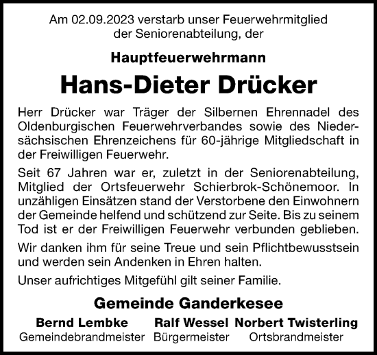 Traueranzeige von Hans-Dieter Drücker von DK Medien GmbH & Co. KG