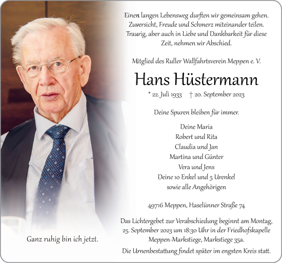 Traueranzeige von Hans Hüstermann von Neue Osnabrücker Zeitung GmbH & Co. KG
