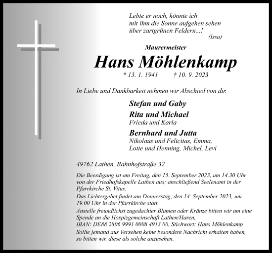 Traueranzeige von Hans Möhlenkamp von Neue Osnabrücker Zeitung GmbH & Co. KG