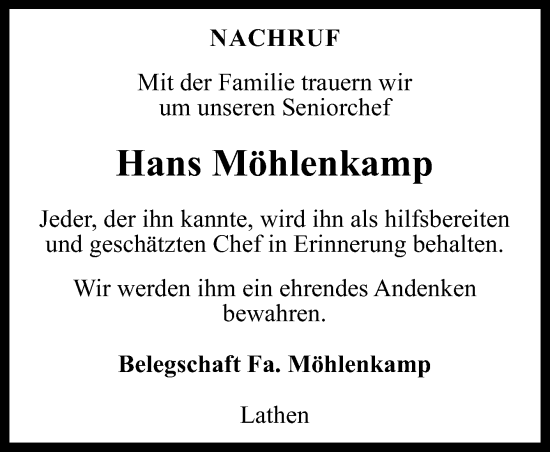 Traueranzeige von Hans Möhlenkamp von Neue Osnabrücker Zeitung GmbH & Co. KG