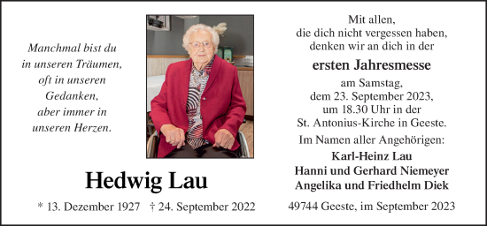 Traueranzeige von Hedwig Lau von Neue Osnabrücker Zeitung GmbH & Co. KG