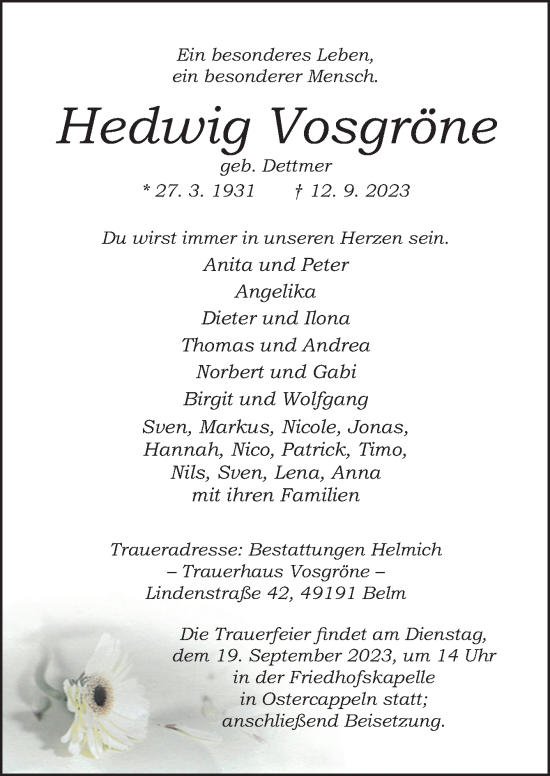 Traueranzeige von Hedwig Vosgröne von Neue Osnabrücker Zeitung GmbH & Co. KG