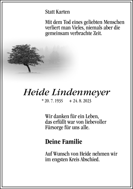 Traueranzeige von Heide Lindenmeyer von Neue Osnabrücker Zeitung GmbH & Co. KG