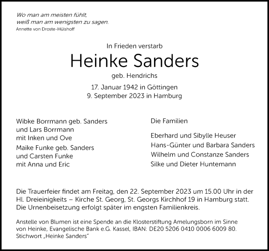 Traueranzeige von Heinke Sanders von Neue Osnabrücker Zeitung GmbH & Co. KG