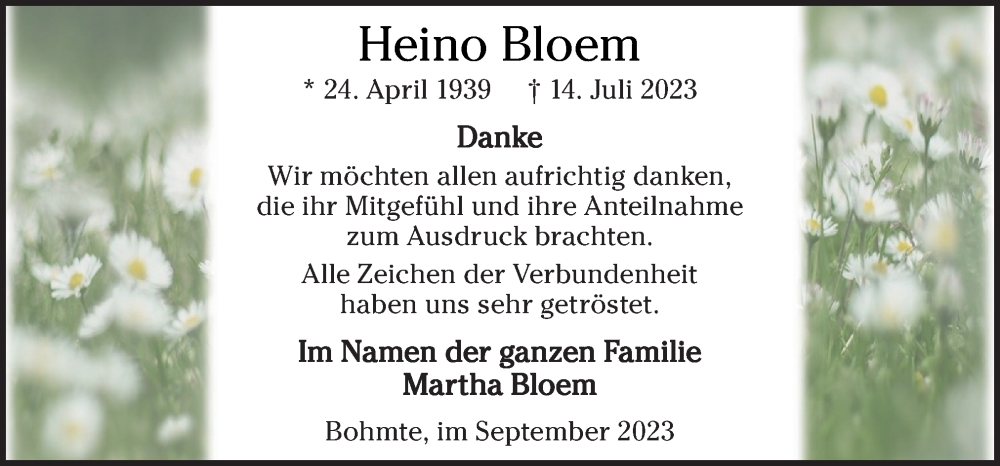  Traueranzeige für Heino Bloem vom 16.09.2023 aus Neue Osnabrücker Zeitung GmbH & Co. KG