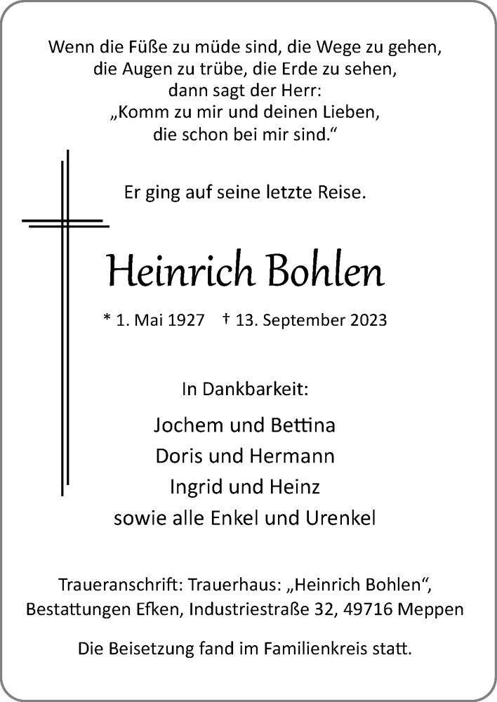  Traueranzeige für Heinrich Bohlen vom 19.09.2023 aus Neue Osnabrücker Zeitung GmbH & Co. KG