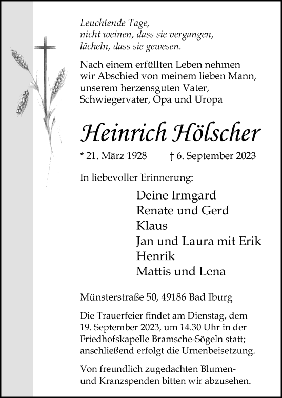 Traueranzeige von Heinrich Hölscher von Neue Osnabrücker Zeitung GmbH & Co. KG