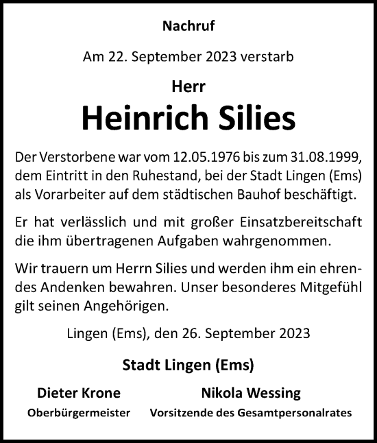 Traueranzeige von Heinrich Silies von Neue Osnabrücker Zeitung GmbH & Co. KG