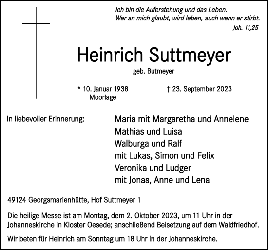 Traueranzeige von Heinrich Suttmeyer von Neue Osnabrücker Zeitung GmbH & Co. KG