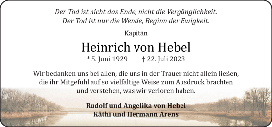 Traueranzeige von Heinrich von Hebel von Neue Osnabrücker Zeitung GmbH & Co. KG