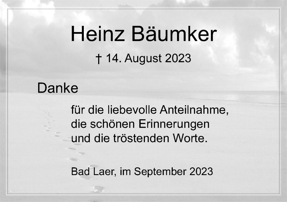  Traueranzeige für Heinz Bäumker vom 19.09.2023 aus Neue Osnabrücker Zeitung GmbH & Co. KG