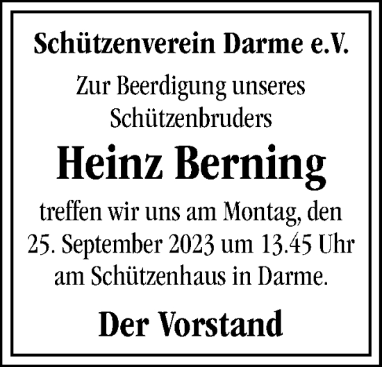 Traueranzeige von Heinz Berning von Neue Osnabrücker Zeitung GmbH & Co. KG
