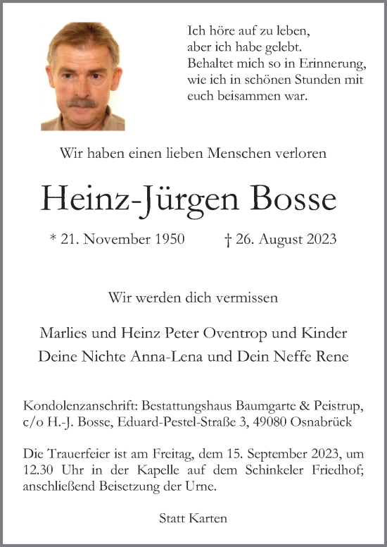 Traueranzeige von Heinz-Jürgen Bosse von Neue Osnabrücker Zeitung GmbH & Co. KG