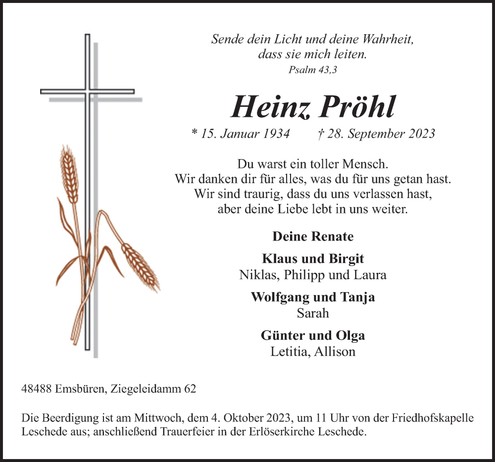  Traueranzeige für Heinz Pröhl vom 30.09.2023 aus Neue Osnabrücker Zeitung GmbH & Co. KG