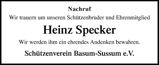 Traueranzeige von Heinz Specker von Neue Osnabrücker Zeitung GmbH & Co. KG