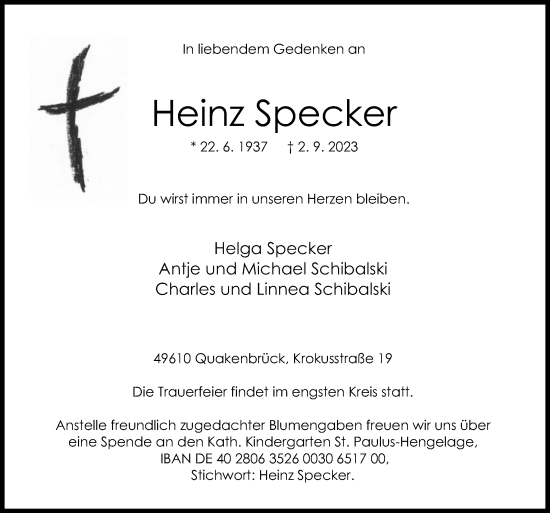 Traueranzeige von Heinz Specker von Neue Osnabrücker Zeitung GmbH & Co. KG