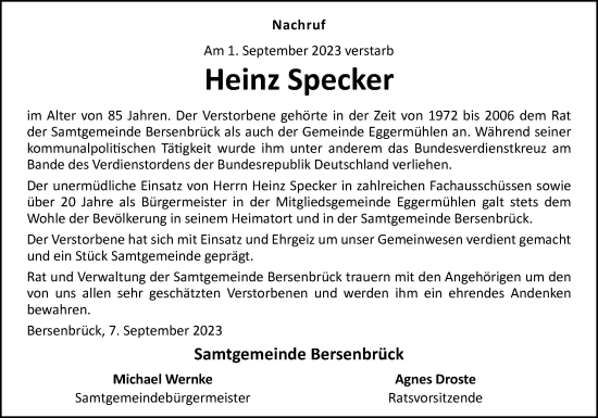 Traueranzeige von Heinz Specker von Neue Osnabrücker Zeitung GmbH & Co. KG