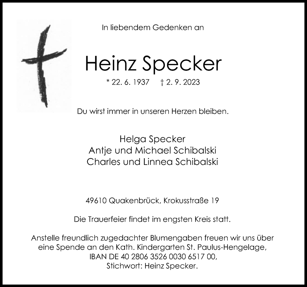  Traueranzeige für Heinz Specker vom 09.09.2023 aus Neue Osnabrücker Zeitung GmbH & Co. KG