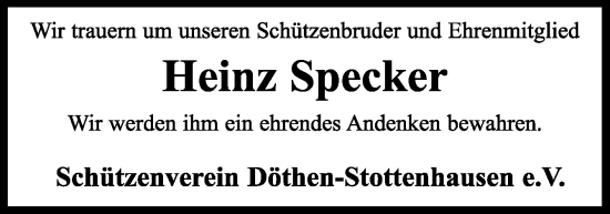 Traueranzeige von Heinz Specker von Neue Osnabrücker Zeitung GmbH & Co. KG