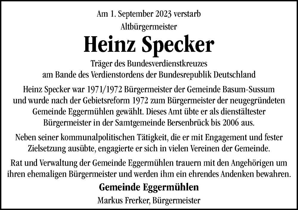  Traueranzeige für Heinz Specker vom 09.09.2023 aus Neue Osnabrücker Zeitung GmbH & Co. KG