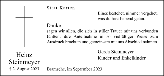 Traueranzeige von Heinz Steinmeyer von Neue Osnabrücker Zeitung GmbH & Co. KG