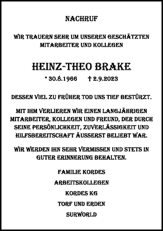 Traueranzeige von Heinz-Theo Brake von Neue Osnabrücker Zeitung GmbH & Co. KG