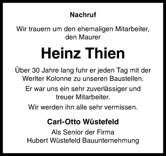 Traueranzeige von Heinz Thien von Neue Osnabrücker Zeitung GmbH & Co. KG