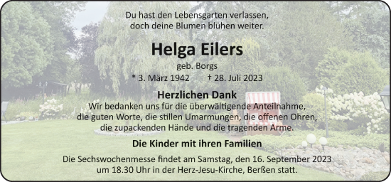 Traueranzeige von Helga Eilers von Neue Osnabrücker Zeitung GmbH & Co. KG